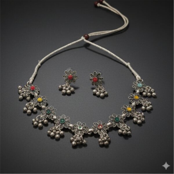 Oxidized Multicolor Necklace Set with Mini Ghungru – Ethnic Indian Jewelry - Image 3