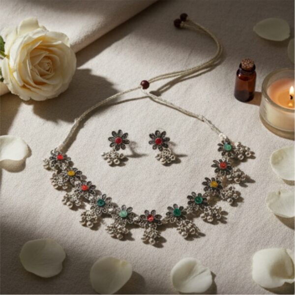 Oxidized Multicolor Necklace Set with Mini Ghungru – Ethnic Indian Jewelry - Image 2