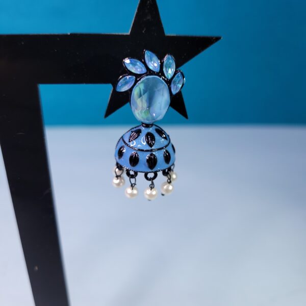 Blue Oxidized Stone Jhumkis Handmade Bohemian Earrings for Women - Image 3