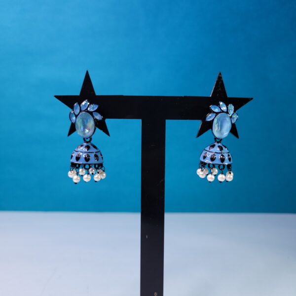 Blue Oxidized Stone Jhumkis Handmade Bohemian Earrings for Women - Image 2