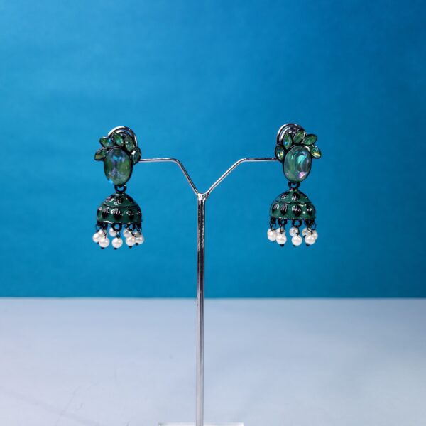 Oxidized Green Stone Jhumkis Artisan Crafted Festival Jewelry
