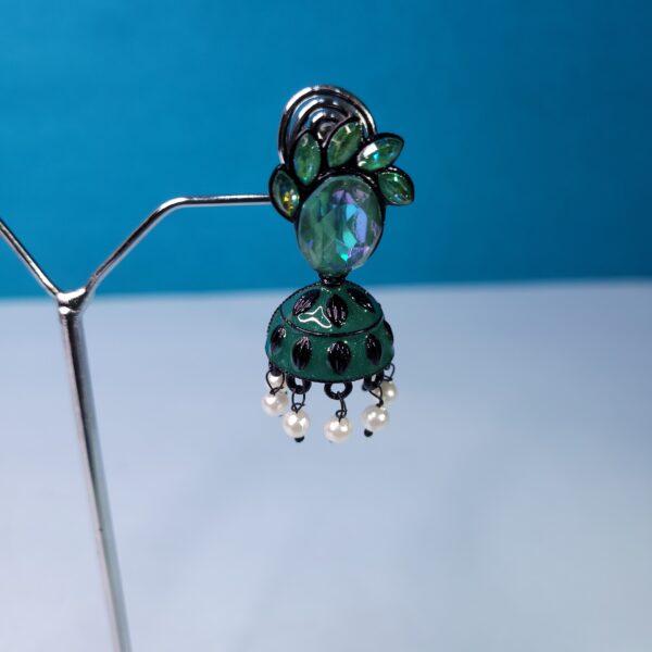 Oxidized Green Stone Jhumkis Artisan Crafted Festival Jewelry - Image 3