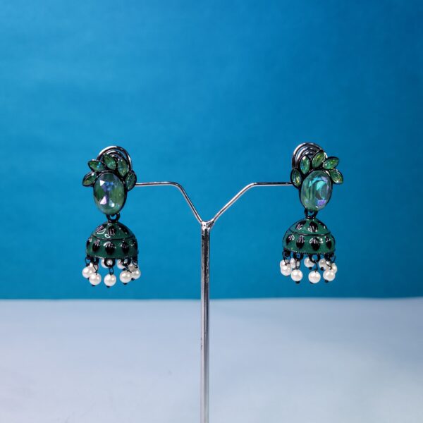 Oxidized Green Stone Jhumkis Artisan Crafted Festival Jewelry - Image 2