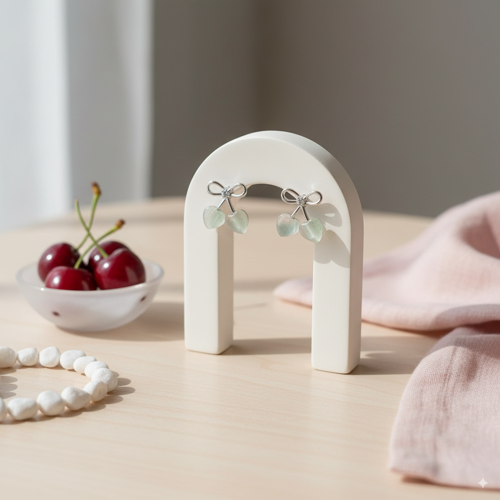 Korean Style Cherry Bow Earrings – Minimal & Chic