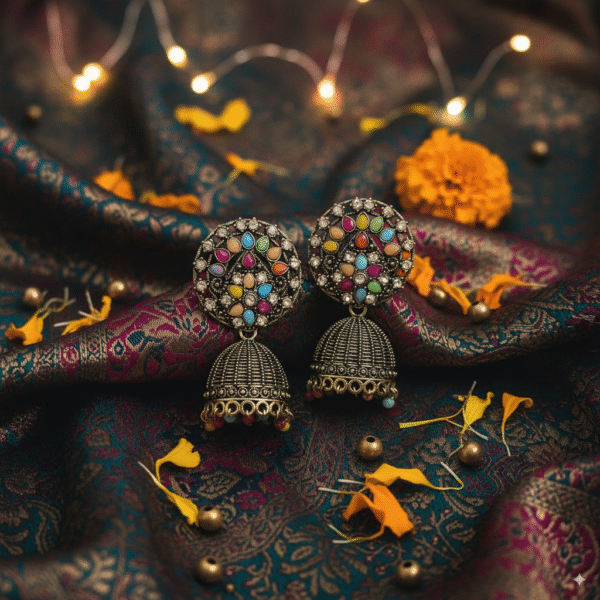 Antique Oxidized Multicolor Jhumka Earrings – Traditional Ethnic Jewelry for Women - Image 3