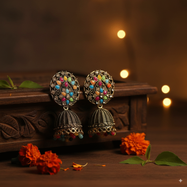 Antique Oxidized Multicolor Jhumka Earrings – Traditional Ethnic Jewelry for Women - Image 5