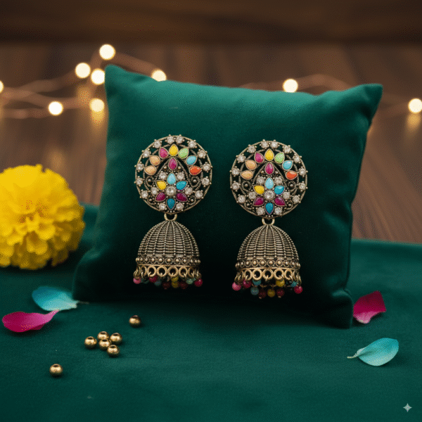 Antique Oxidized Multicolor Jhumka Earrings – Traditional Ethnic Jewelry for Women