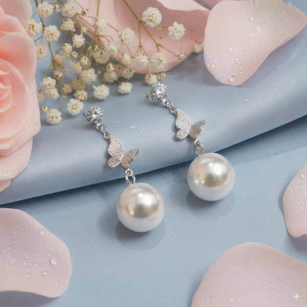 Trendy Butterfly Pearl Drop Earrings – Statement Silver Jewelry for Women - Image 4