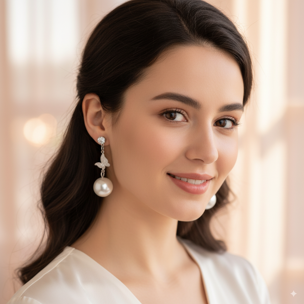 Trendy Butterfly Pearl Drop Earrings – Statement Silver Jewelry for Women