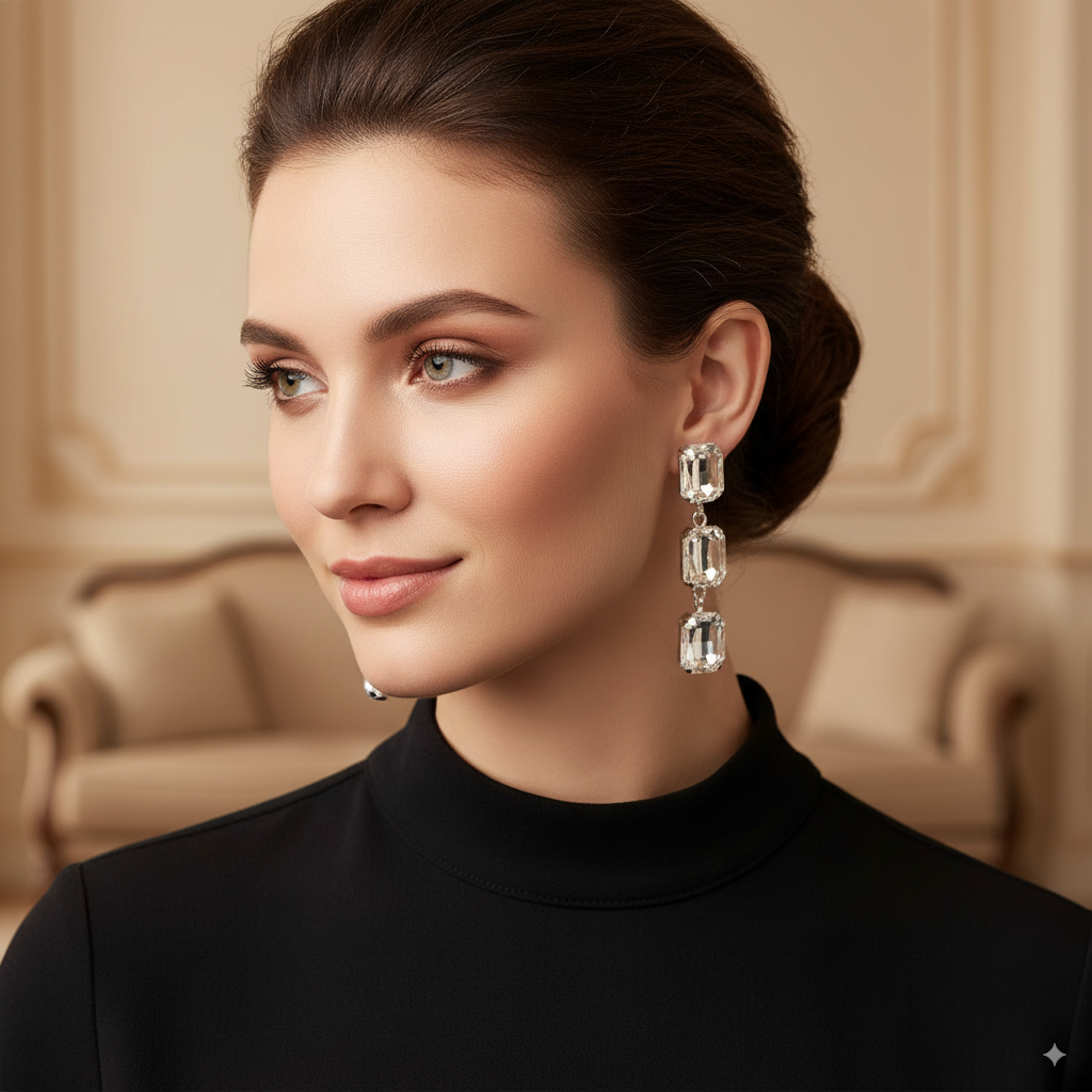 Glam Crystal Dangle Earrings – Three-Tier Silver Statement Earrings for Parties & Events
