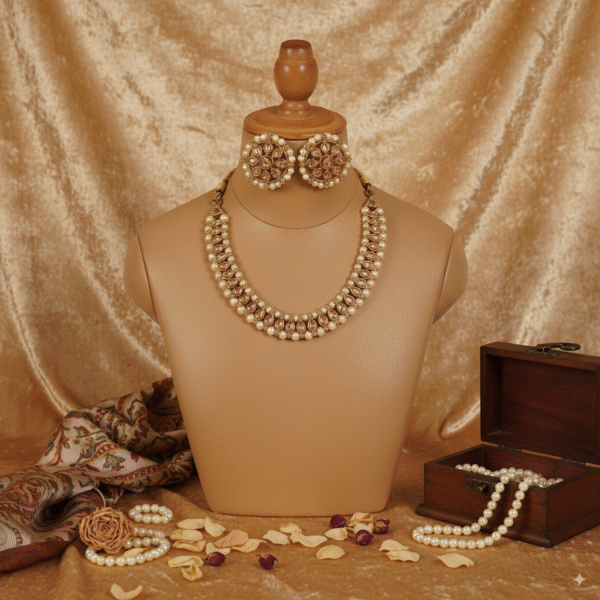 Kundan-Inspired Golden Necklace with Pearls & Maang Tikka Set - Image 5