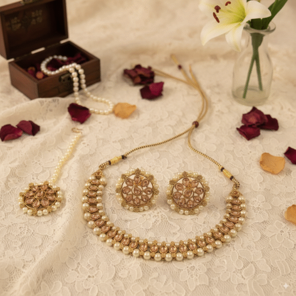 Kundan-Inspired Golden Necklace with Pearls & Maang Tikka Set