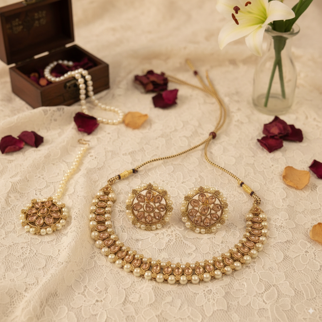 Kundan-Inspired Golden Necklace with Pearls & Maang Tikka Set