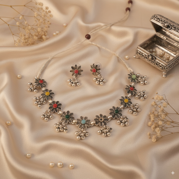Oxidized Multicolor Necklace Set with Mini Ghungru – Ethnic Indian Jewelry - Image 5
