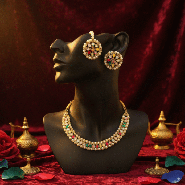 Ethnic Kundan Multicolor Necklace & Maang Tikka Set for Weddings - Image 3