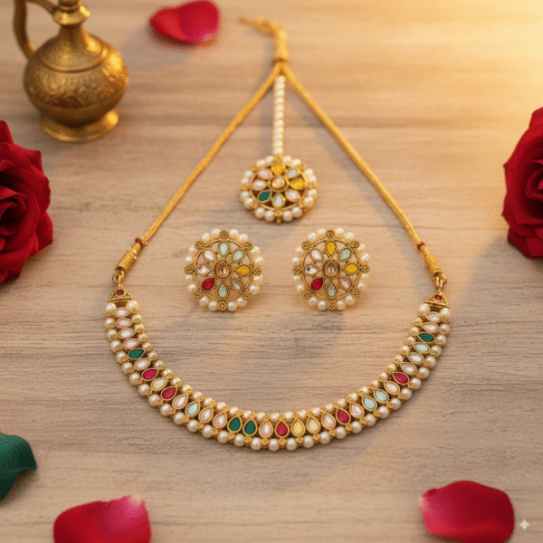 Ethnic Kundan Multicolor Necklace & Maang Tikka Set for Weddings - Image 4