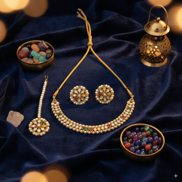 Ethnic Kundan Multicolor Necklace & Maang Tikka Set for Weddings - Image 5