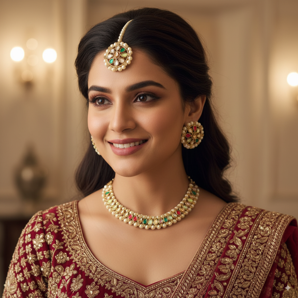 Ethnic Kundan Multicolor Necklace & Maang Tikka Set for Weddings