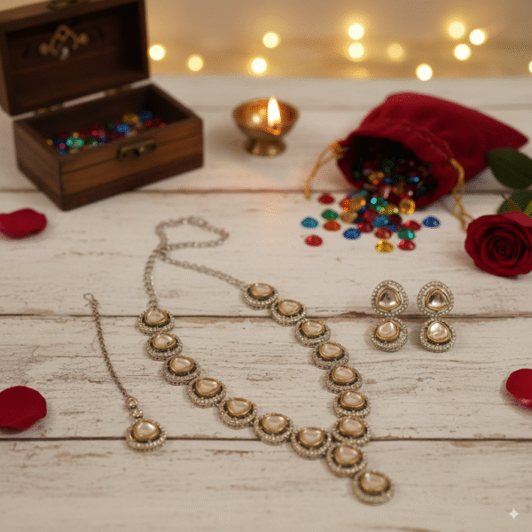 Royal Transparent Crystal Necklace and Maang Tikka Set – Wedding & Festive Jewelry - Image 5