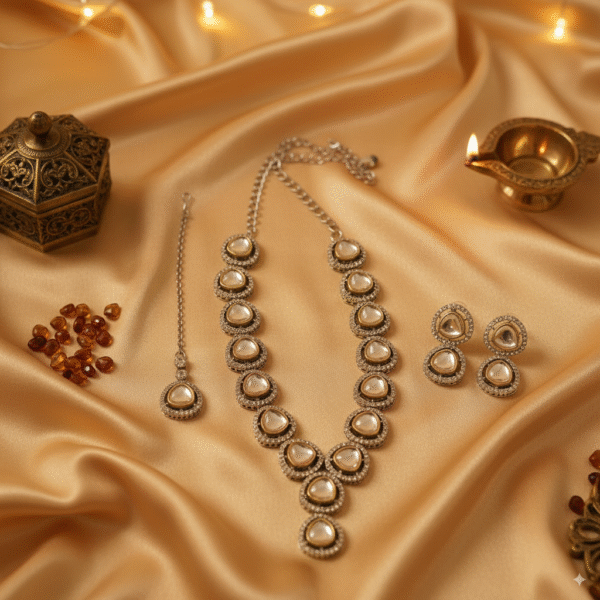 Royal Transparent Crystal Necklace and Maang Tikka Set – Wedding & Festive Jewelry - Image 4