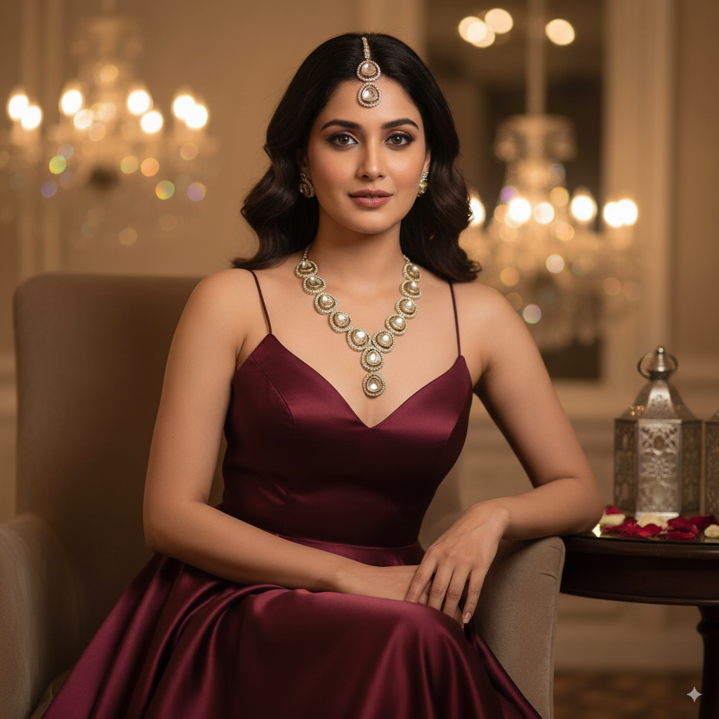 Royal Transparent Crystal Necklace and Maang Tikka Set – Wedding & Festive Jewelry