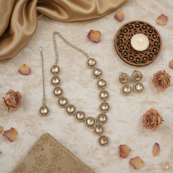 Royal Transparent Crystal Necklace and Maang Tikka Set – Wedding & Festive Jewelry - Image 6