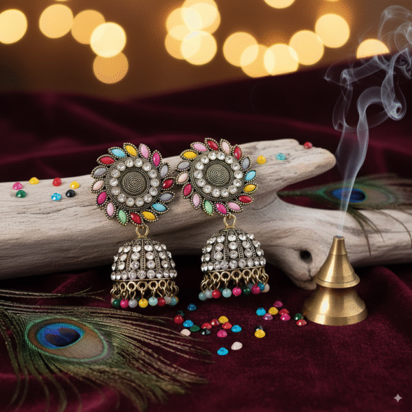 Multicolor Stone Studded Jhumka Earrings - Image 2