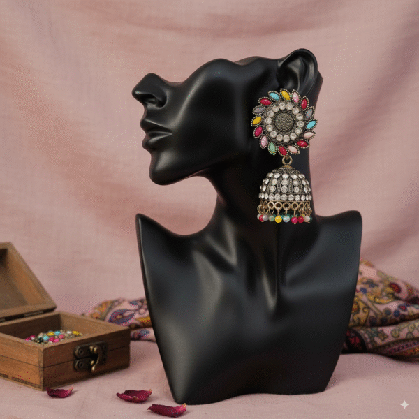 Multicolor Stone Studded Jhumka Earrings - Image 3