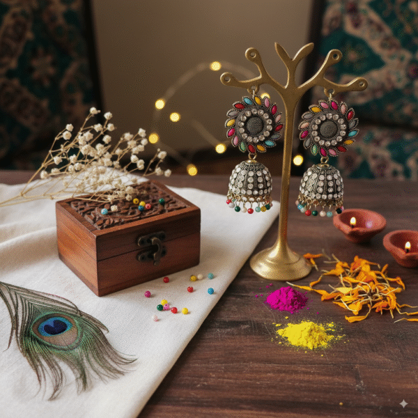 Multicolor Stone Studded Jhumka Earrings - Image 4