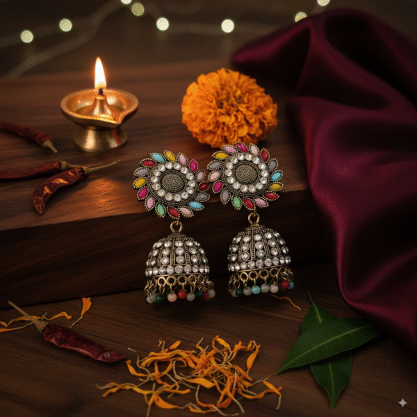 Multicolor Stone Studded Jhumka Earrings - Image 5