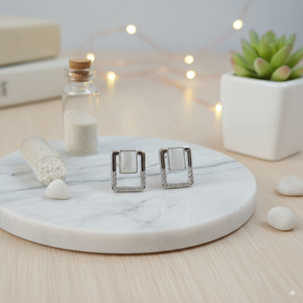 Minimalist Rectangle Stud Earrings in Silver with CZ Stones - Image 2