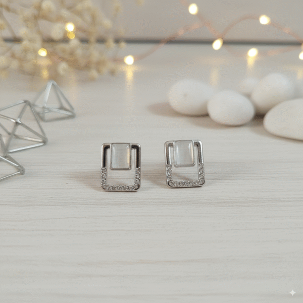Minimalist Rectangle Stud Earrings in Silver with CZ Stones - Image 4