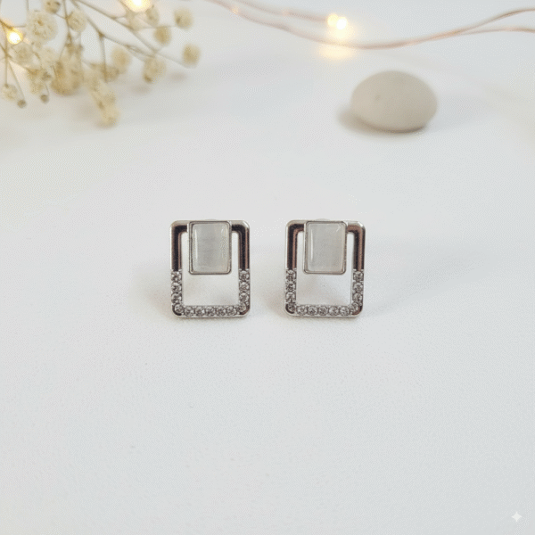 Minimalist Rectangle Stud Earrings in Silver with CZ Stones - Image 5