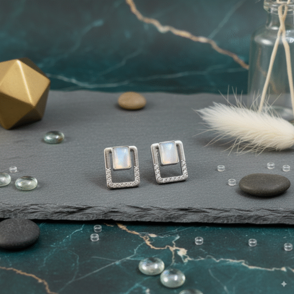 Minimalist Rectangle Stud Earrings in Silver with CZ Stones - Image 6