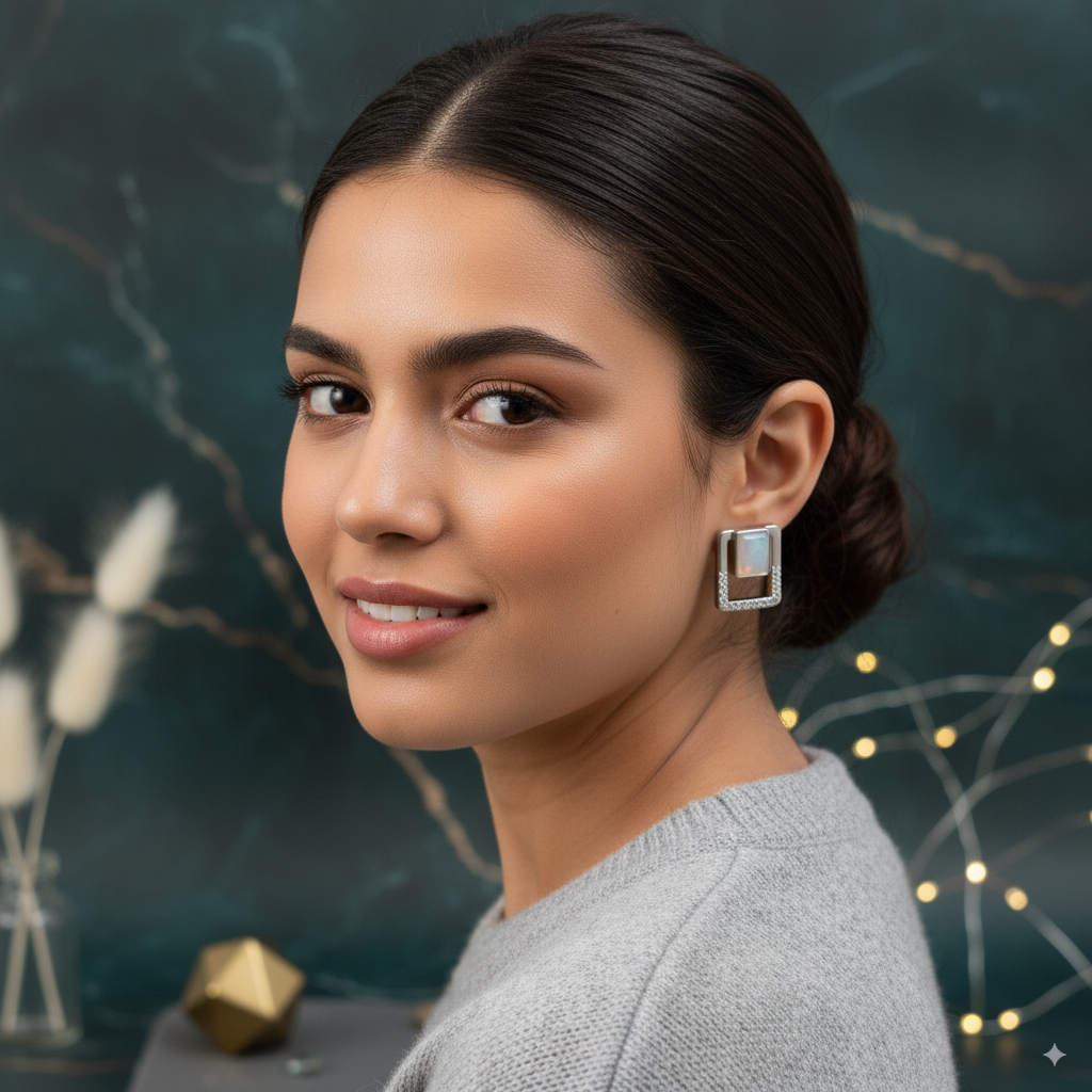 Minimalist Rectangle Stud Earrings in Silver with CZ Stones